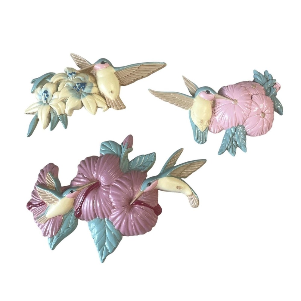 Vintage Burwood Hummingbird‎ & Floral Wall Decor Set of 3 Pastel Flowers Birds